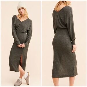Anthropologie Daily Practice Barre Midi Dress V Neck Knit Ribbed Sweater Dress S